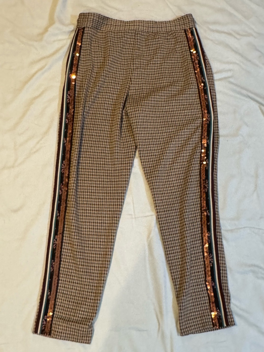 Anthropologie Maeve Brown Houndstooth Drawstring Joggers w/ Sequin Trim